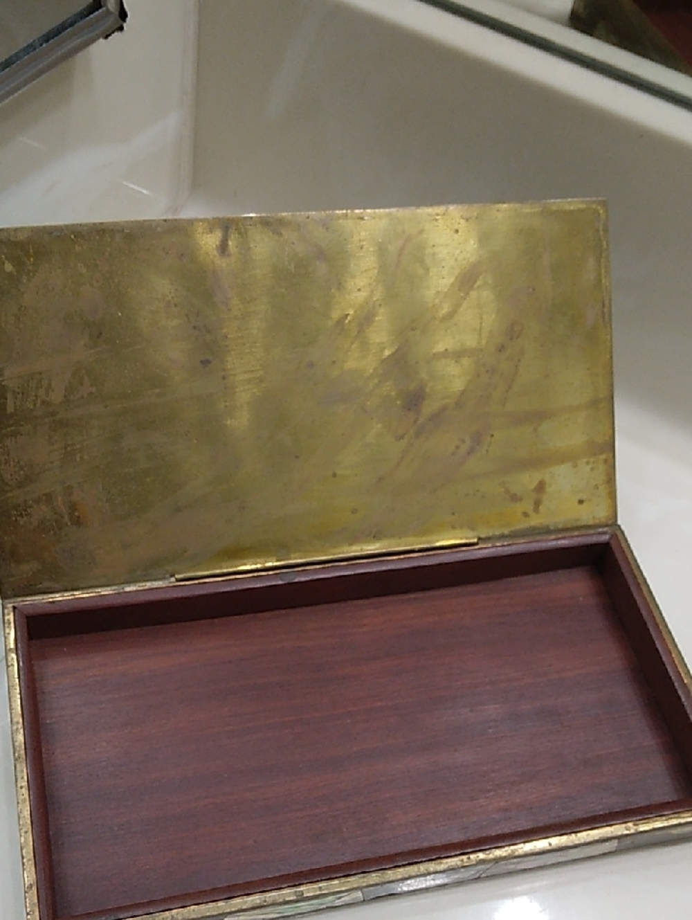 Vintage Taxco Mexico Brass Abalone Shell Mosaic Wood Lined Box - Picture 7 of 14
